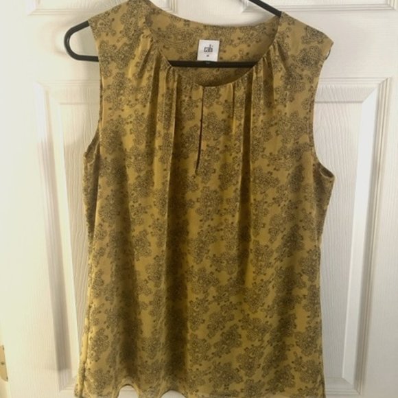 CAbi #3617 Mustard Yellow/Black Paisley Sleeveless Blouse - Picture 1 of 6
